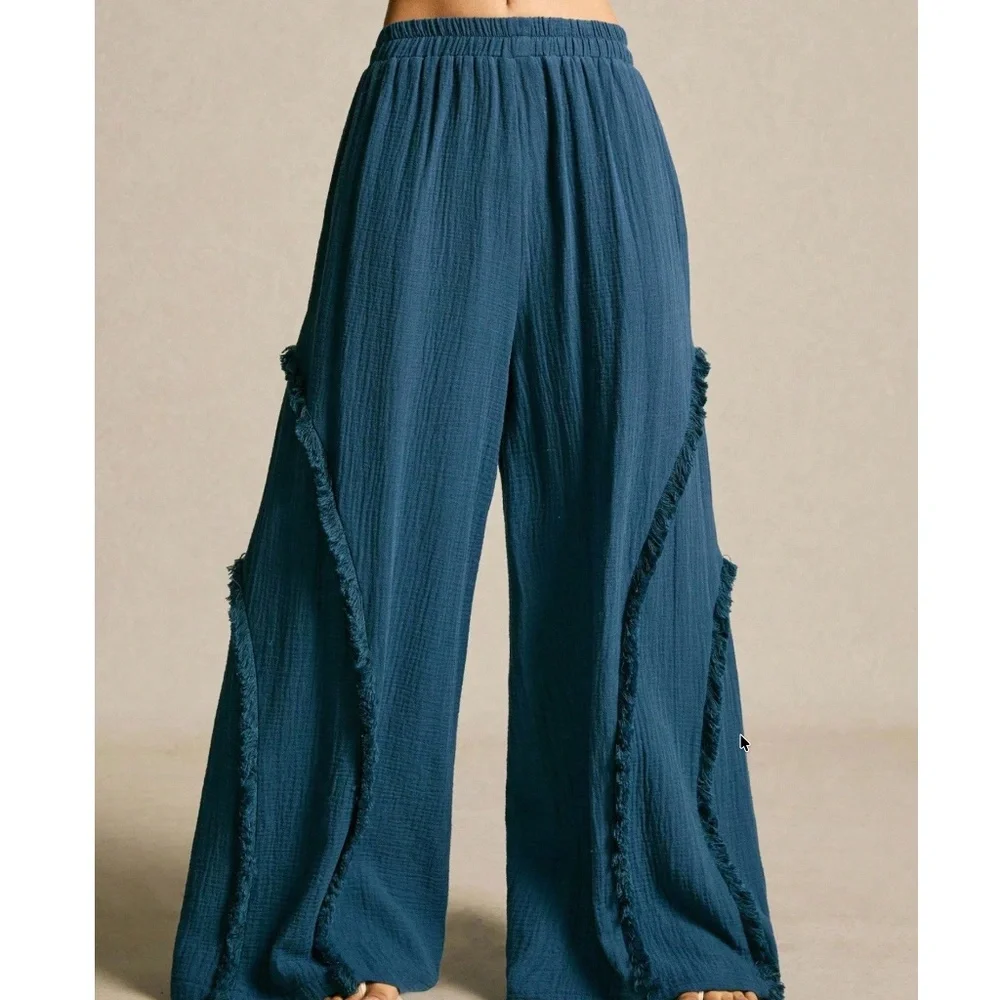 Solid Blue Frayed Detail Stretchy Waist Wide leg Pants